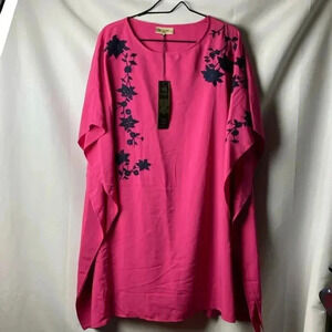 DG2 WOMENS SIZE MEDIUM PONCHO TUNIC DRESS OR TOP HOT PINK NAVY FLORAL EMBROIDERY